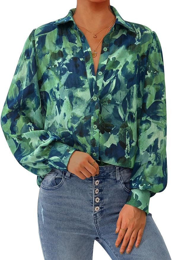 PRETTYGARDEN Womens Floral Blouses Dressy Casual Long Sleeve Fall Tops 2026 | V Neck, Button Down... | Amazon (US)