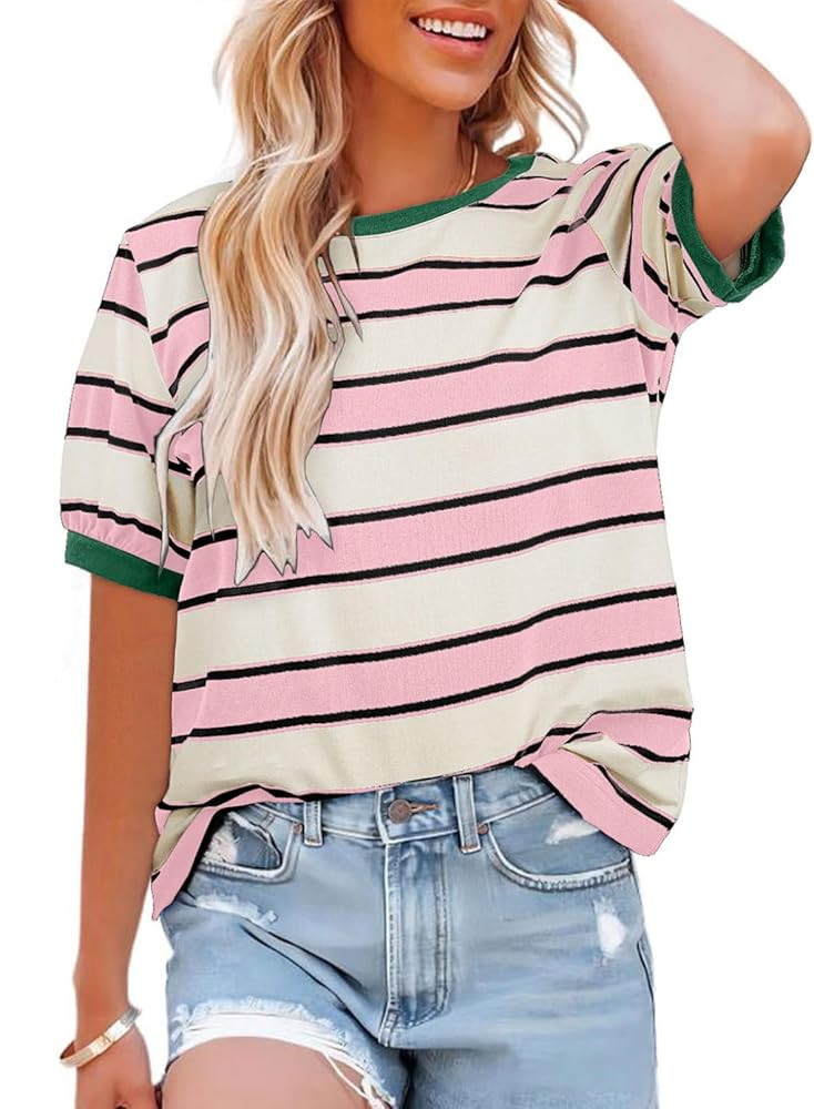Womens Tops Cotton Casual Color Block Striped Short Sleeve Shirts Crewneck T Shirts Loose Basic T... | Amazon (US)