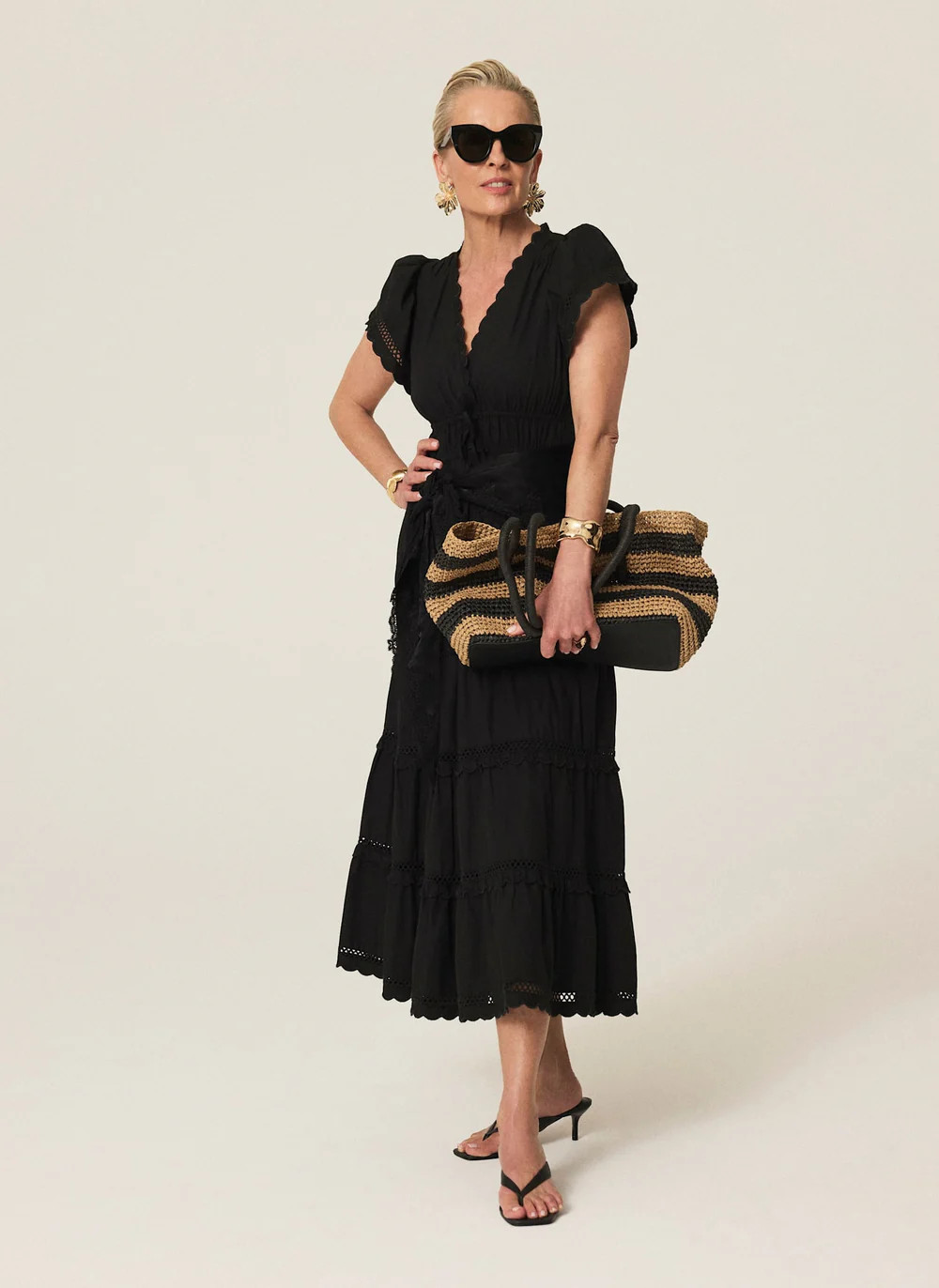 Black Cotton Ruffle Midi Dress | Mint Velvet