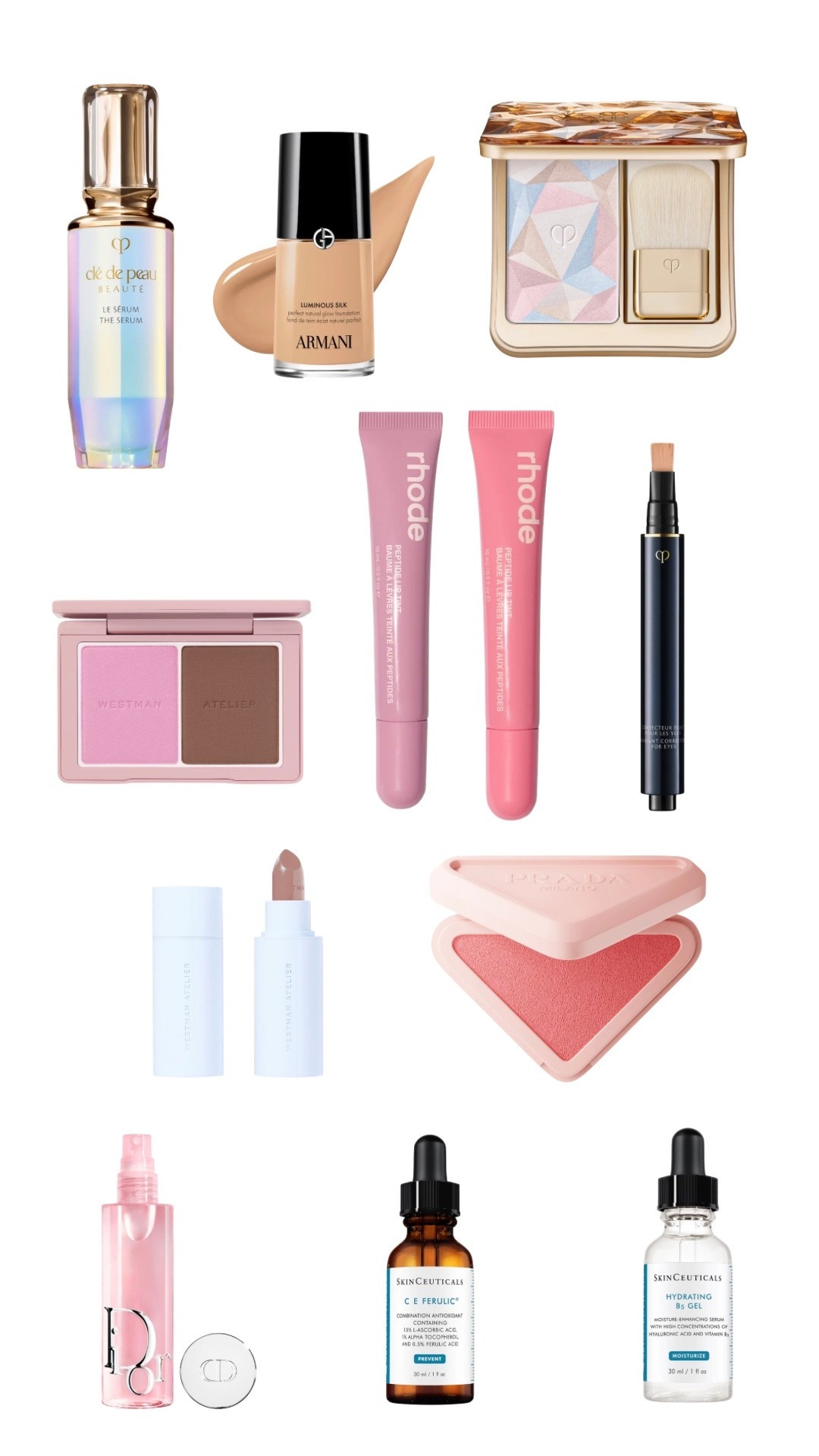 Beauty favorites, Rhode lip gloss, Cle de peau concealer, Cle de peau serum, Prada cream to powder blush, Westman Atelier blush, Westman Atelier lipstick, Cle de peau highlighter, Armani luminous silk foundation, skinceuticals CE freulic serum, skinceuticals skincare 

#LTKmorningroutine #LTKBeauty #LTKgrwm