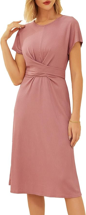 GRACE KARIN Women’s Tie Waist Summer Casual Midi Dress Short Sleeve Crew Neck Ribbed Knit Dress | Amazon (US)