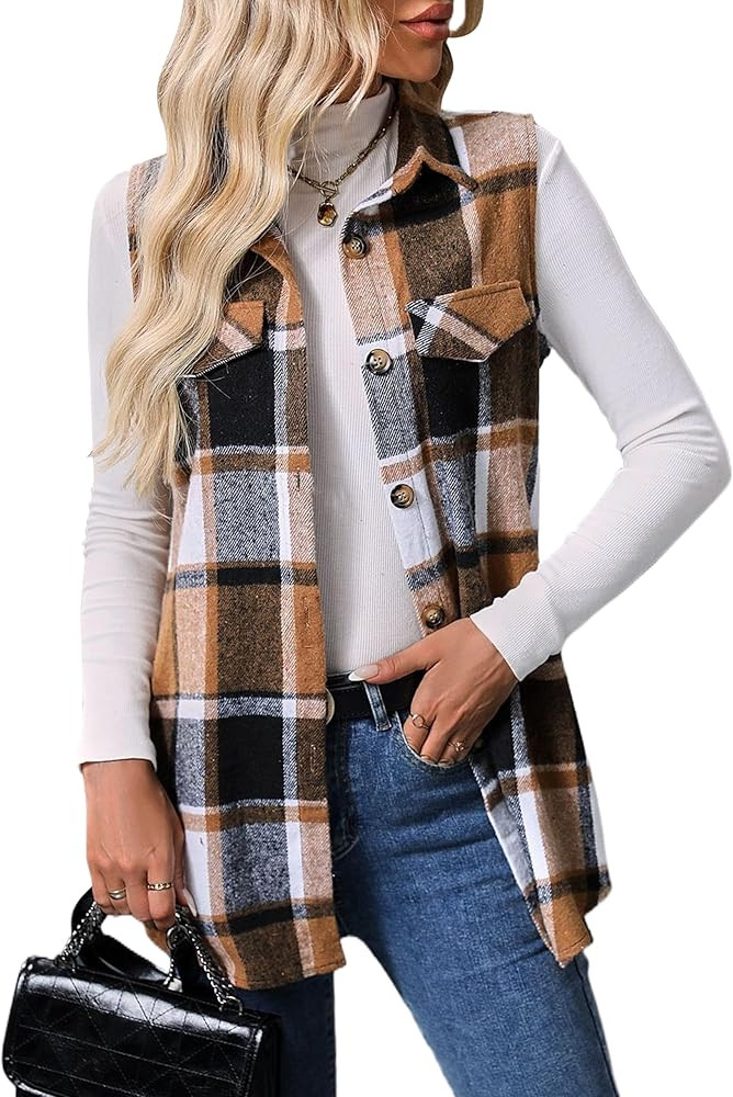 ZILIN Women's Flannel Plaid Vest Button Down Sleeveless Shacket Shirt Jacket | Amazon (US)