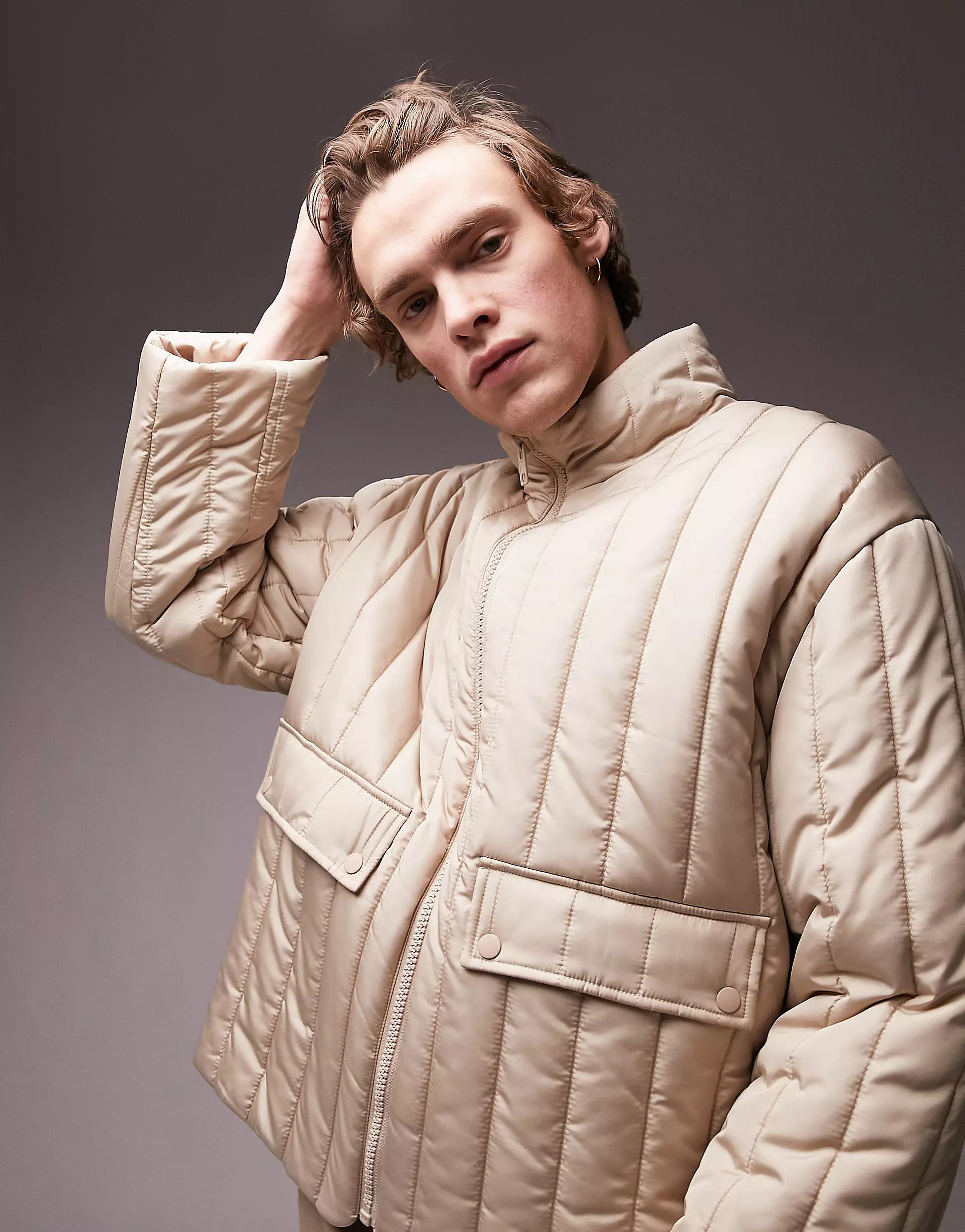 Topman vertical puffer jacket in stone | ASOS (Global)