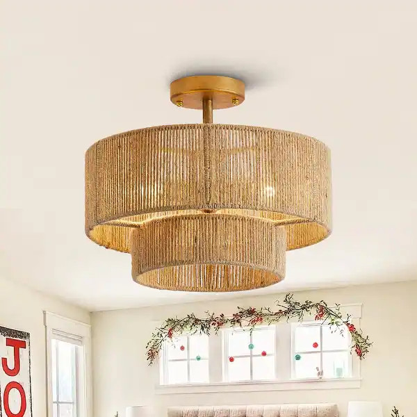Bohemian Brown Hemp Rope 3-Light Semi-Flush Mount Ceiling Light - 15.4" W x 12.6" H - Bed Bath & ... | Bed Bath & Beyond