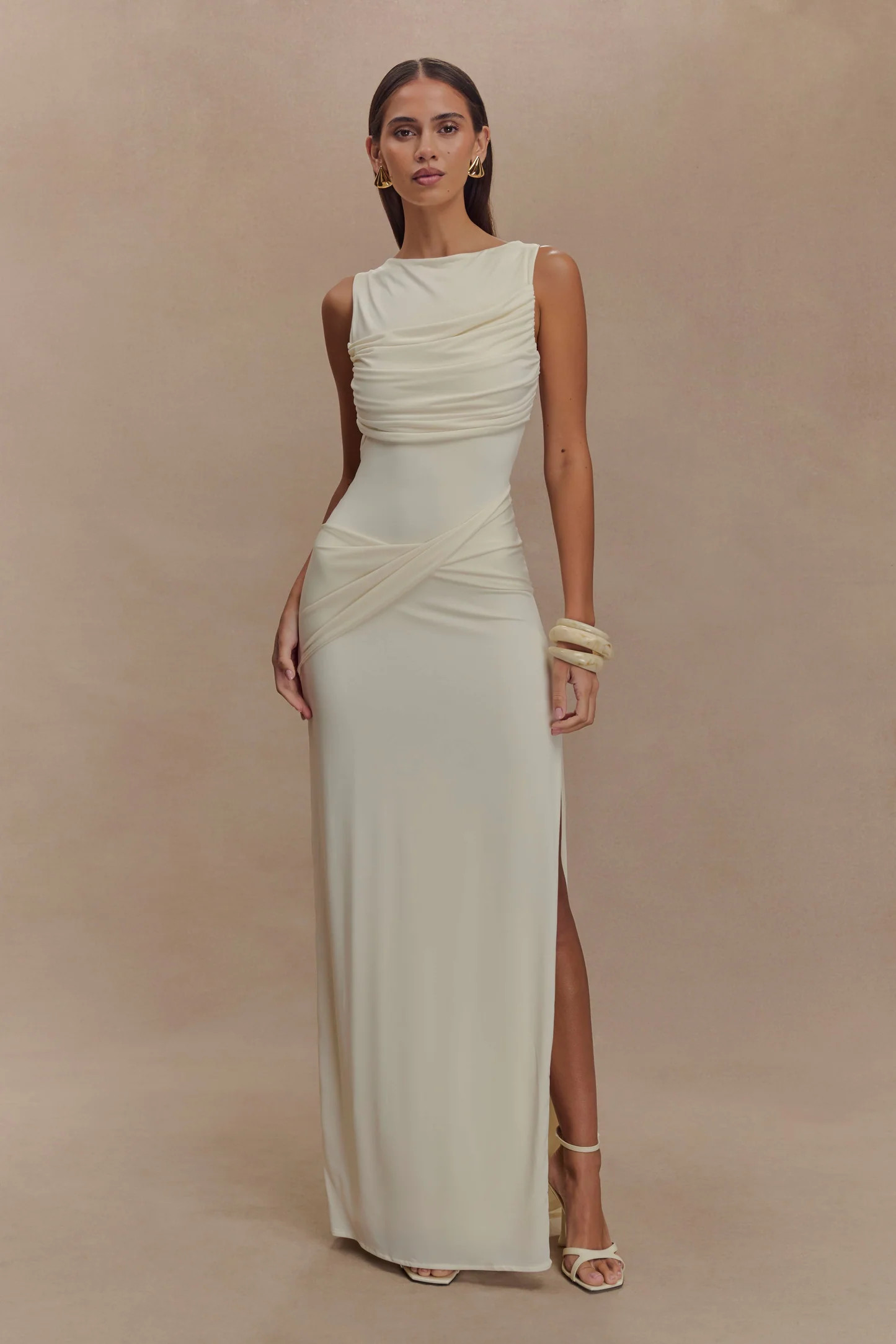 Henley Slinky Drape Maxi Dress - Ivory | MESHKI US
