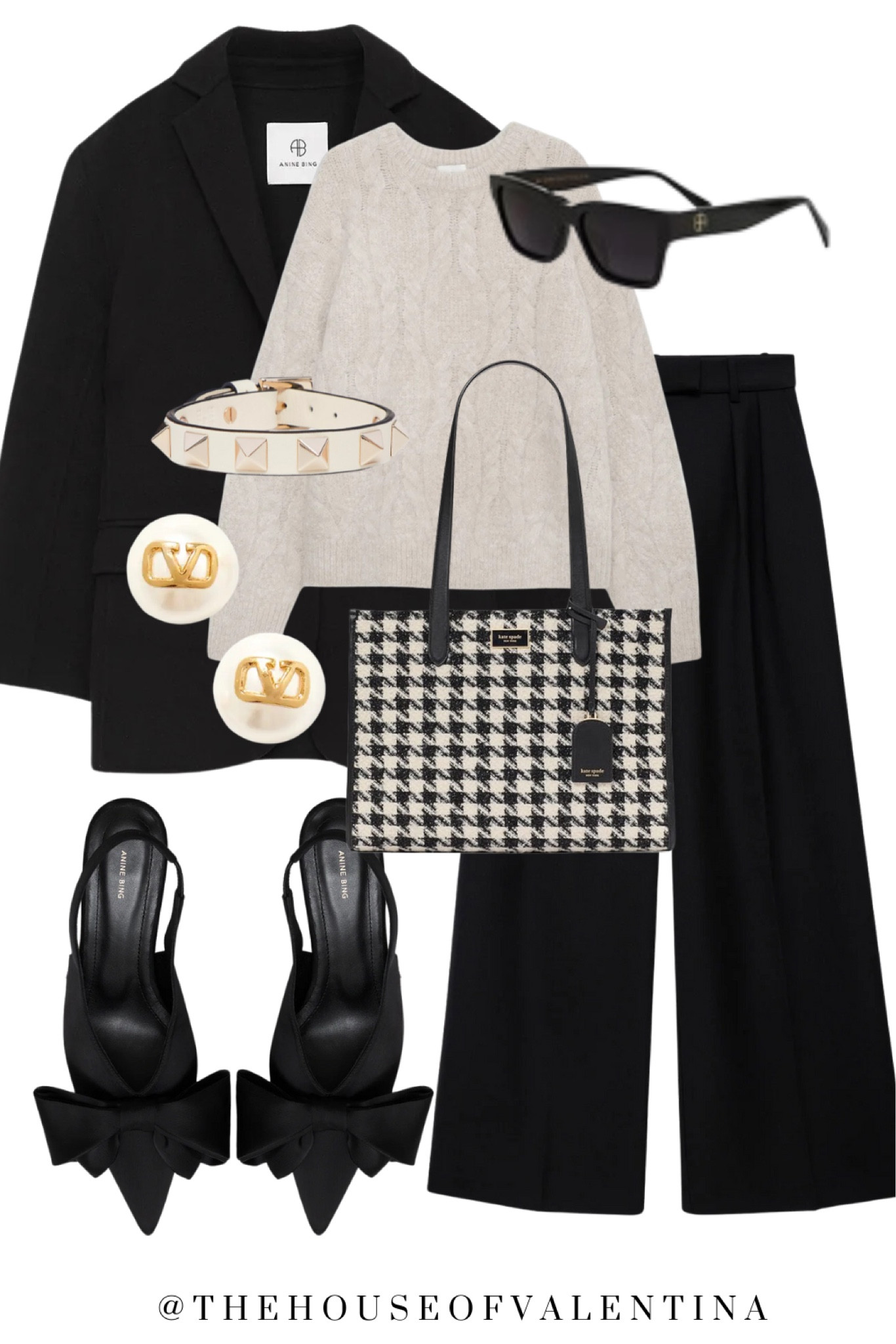 Cozy & chic in anime Bing blazer, chunky sweater, houndstooth bag, Valentino rock stud bracelet, Valentino earrings, and anine bing bow heels

#LTKWorkwear #LTKOver40 #LTKStyleTip