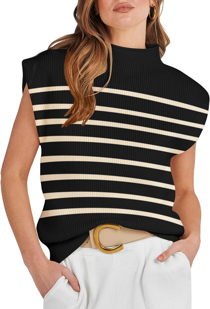 ANRABESS Women's Mock Neck Sleeveless Sweater Vest Casual Cap Sleeve Knit Pullover Tank Tops 2024... | Amazon (US)