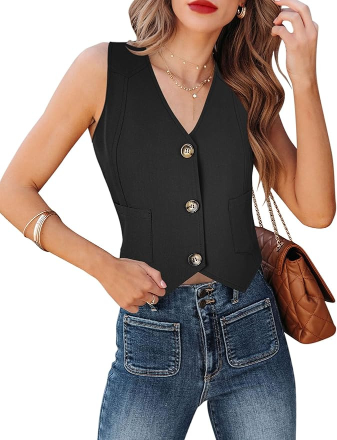 Fallorchid Women's Business Button Up Sleeveless Vest Crop Tops V Neck Jacket Waistcoat | Amazon (US)