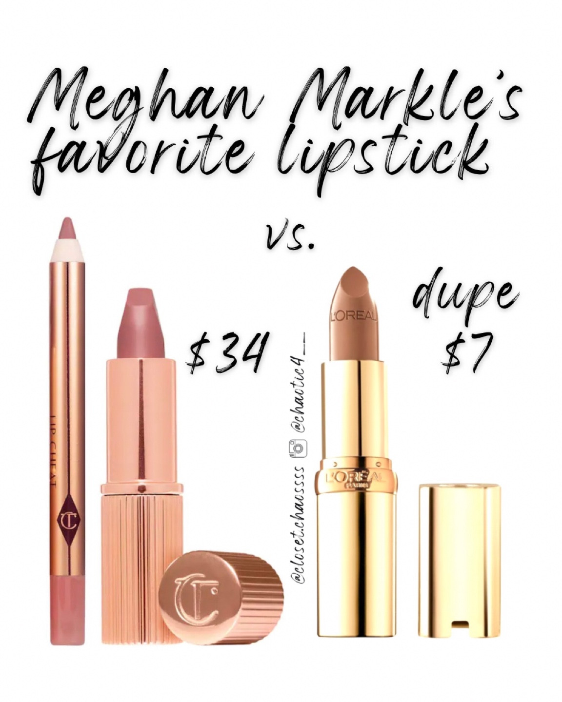 Meghan Markle’s favorite lipstick

Charlotte Tilbury Matte Revolution Lipstick in Very Victoria & Pillow Talk

vs.

affordable alternative

L'Oreal Paris Colour Riche Original Satin Lipstick for Moisturized Lips in Le Beige

#LTKGiftGuide #LTKbeauty #LTKsalealert