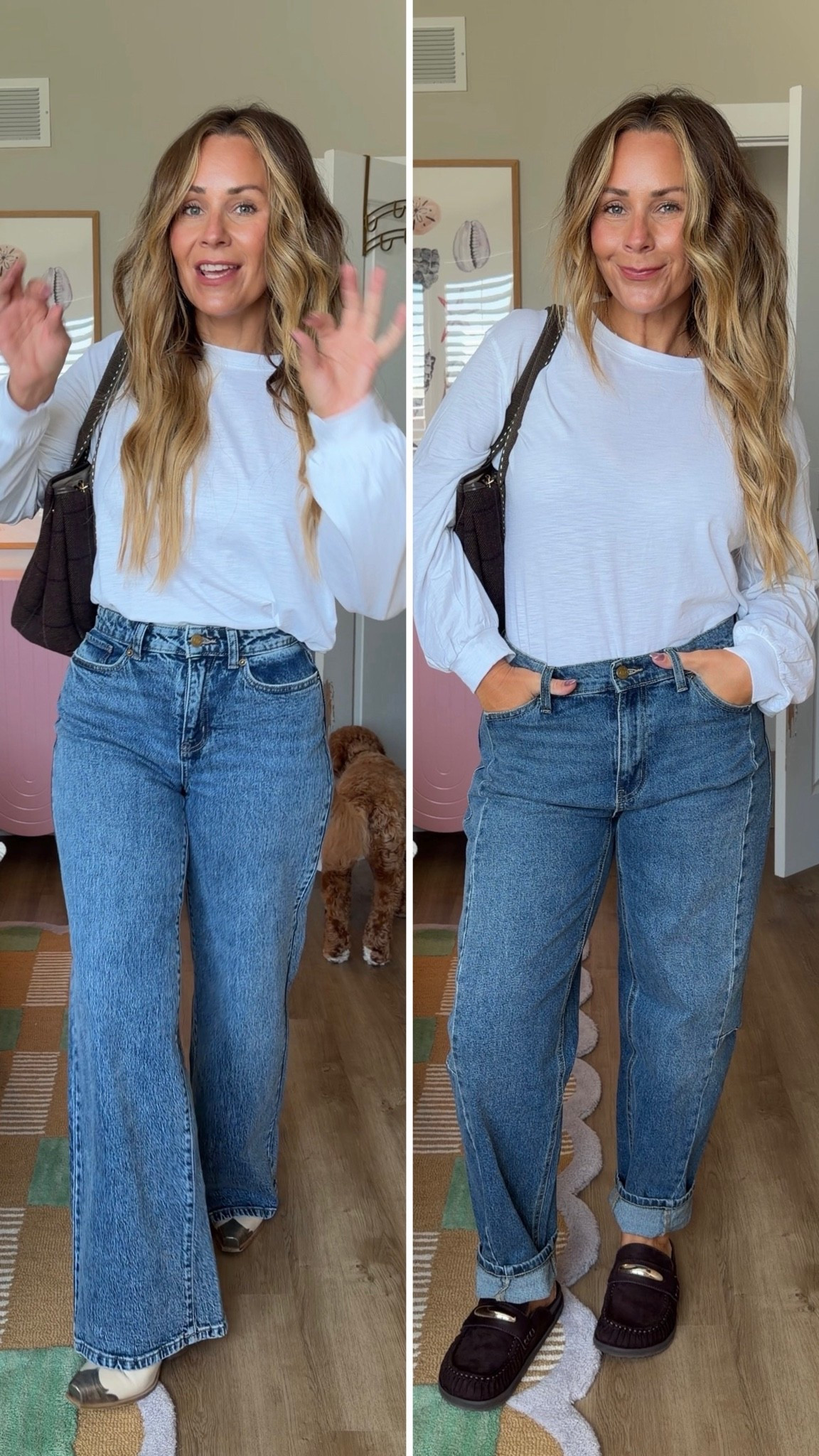 #WalmartPartner These wide-leg jeans are the ones. High rise, long enough that I didn't touch a hem, and they're on Walmart. Styled with the white sweatshirt and the plaid tote — all four pieces linked below.

#LTKPetite #LTKdayinmylife #LTKootd