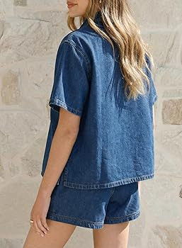 Sidefeel Womens 2 Piece Sets Denim Summer Outfits Comfy Short Sleeve Button Down Shirt High Waist... | Amazon (US)