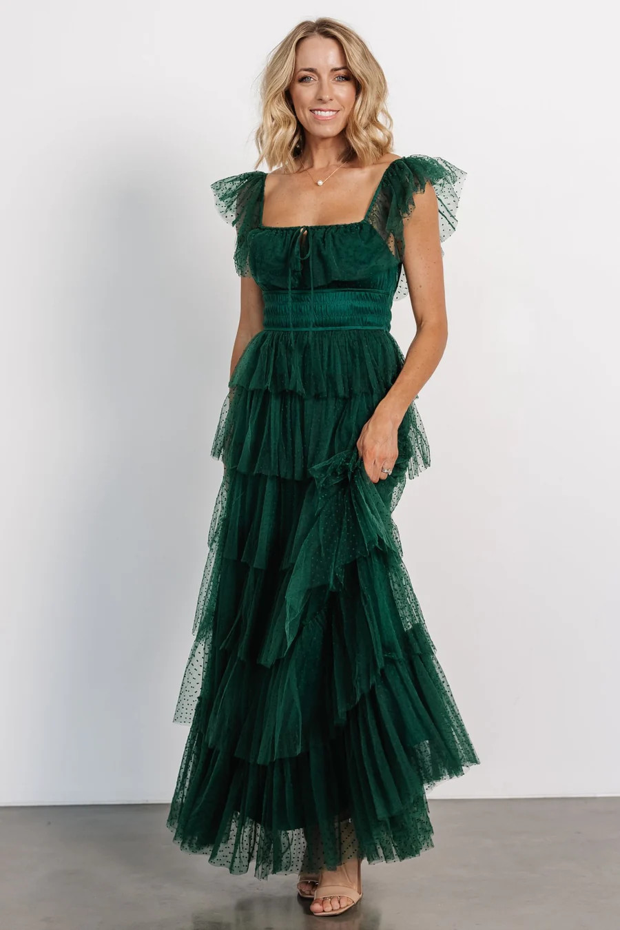 Valora Swiss Dot Tulle Maxi Dress | Dark Green | Baltic Born