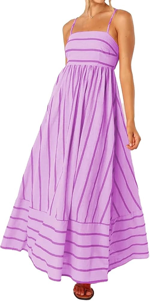 Women's Striped Spaghetti Strap Maxi Dress Sleeveless Back Smocked Cutout Flowy Long Cami Dress | Amazon (US)