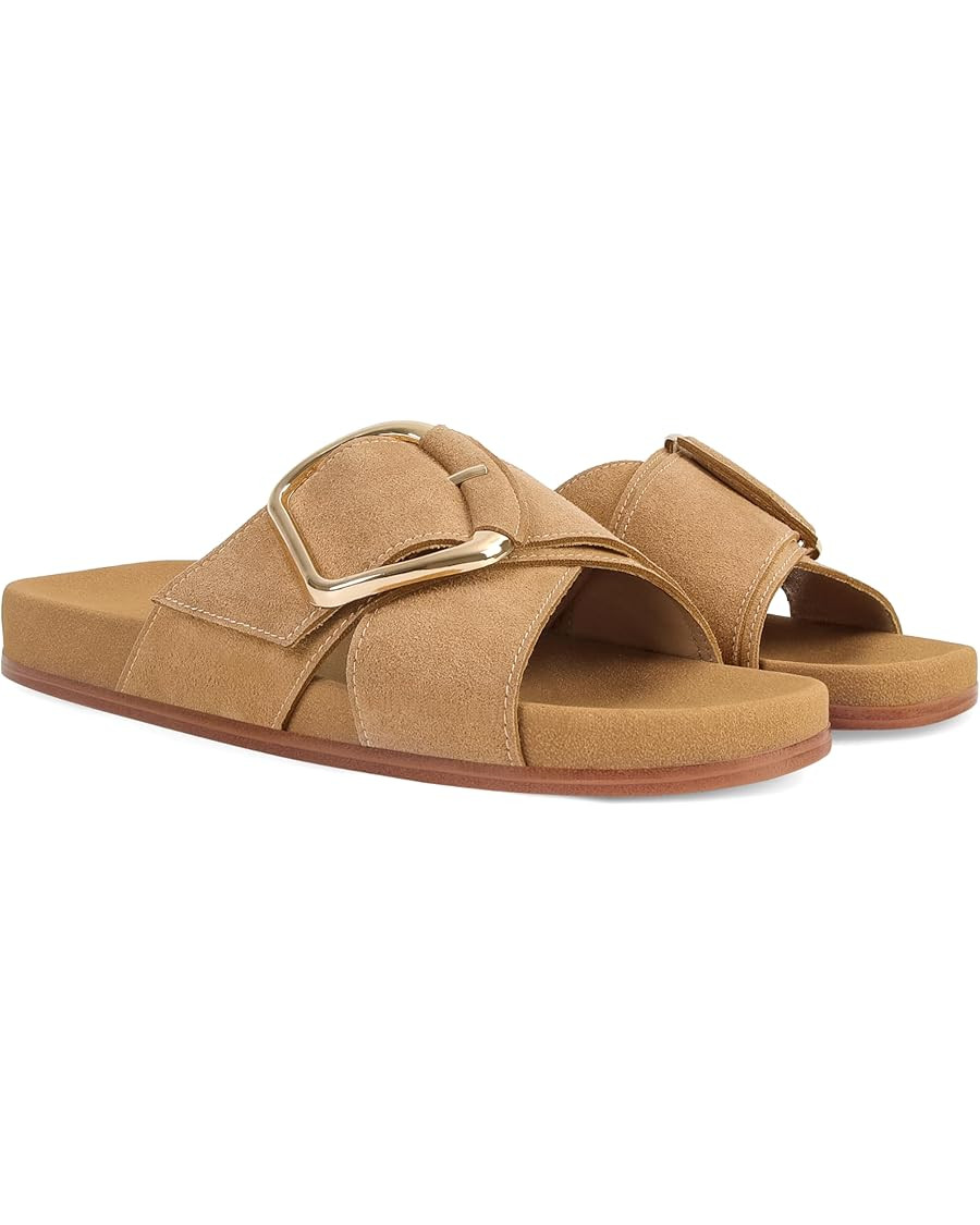 Amazon.com | XBKXMK Flat Sandals for Women Comfortable Slide Sandals Summer Suede Leather Slides ... | Amazon (US)