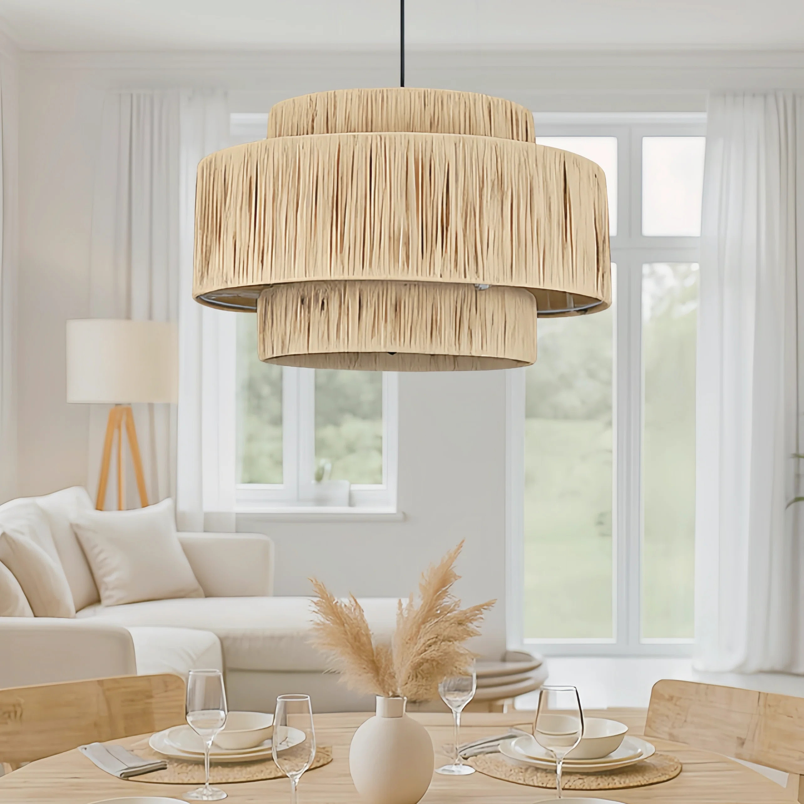 Frese 3 - Light 20"W Drum Raffia Black Metal Role Modern Farmhouse Chandelier with Wrought Iron A... | Wayfair North America