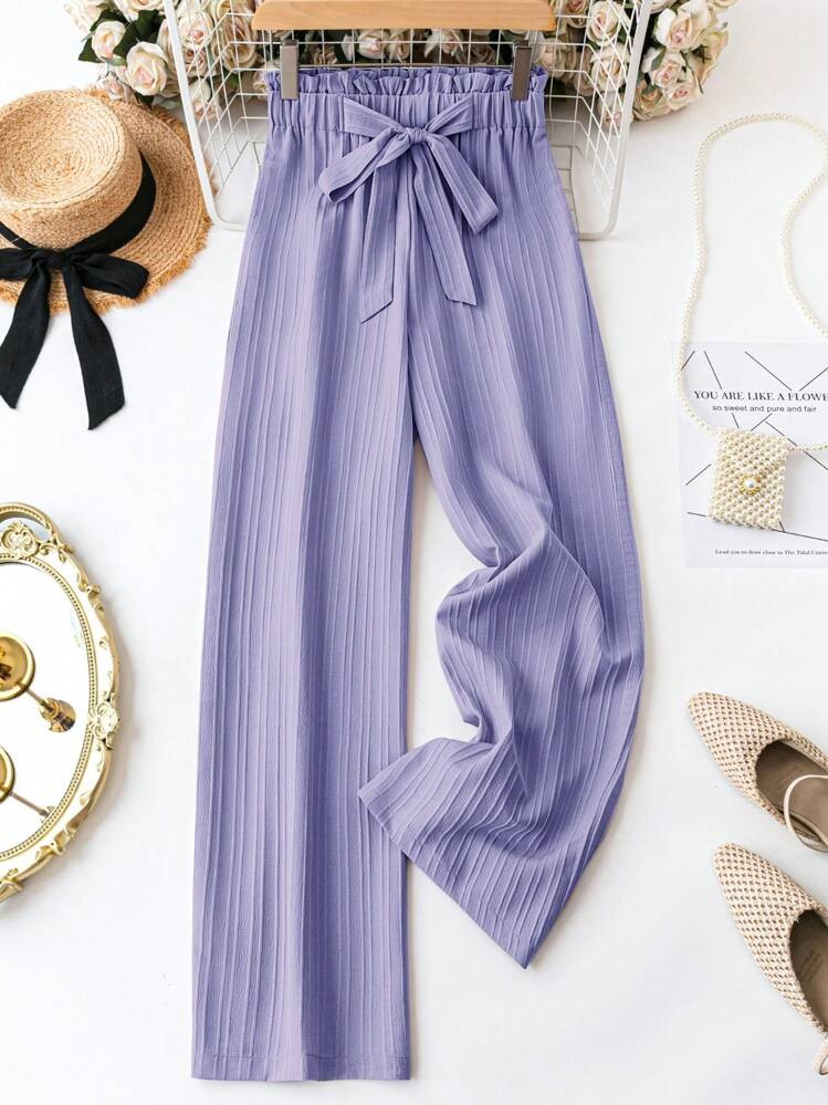 SHEIN LUNE Women's Vacation & Leisure Straight Loose Paper Bag Waist Long Trousers | SHEIN