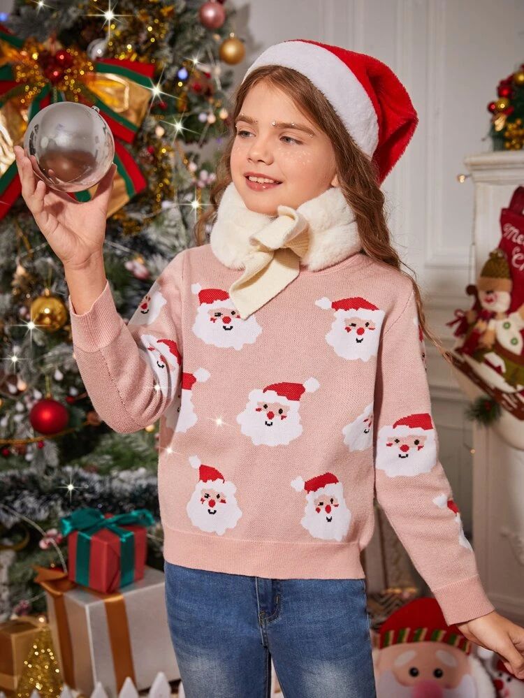 SHEIN Girls Christmas Santa Claus Pattern Sweater | SHEIN