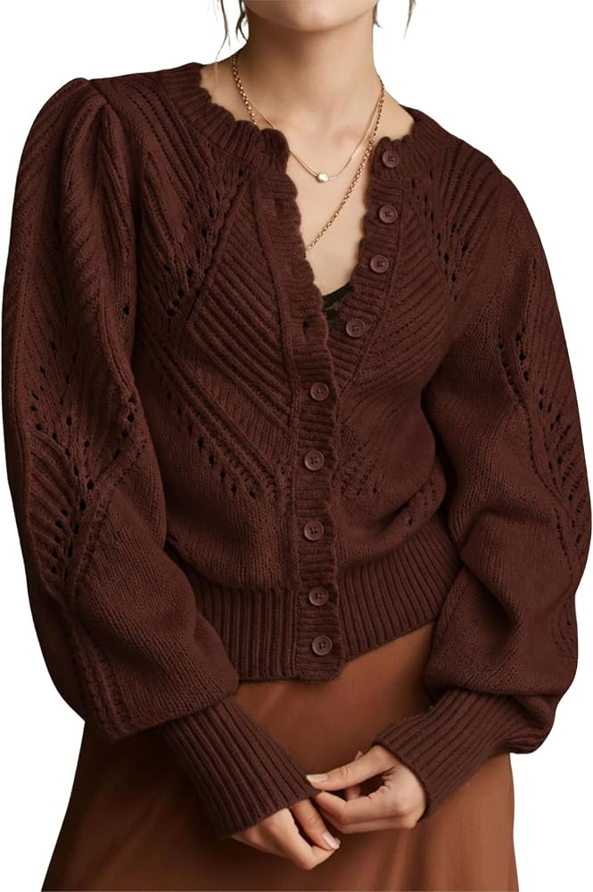 MINSURE Women Pointelle Knit Lightweight Cardigan Puff Sleeve Scalloped Trim Button Down Open Fro... | Amazon (US)
