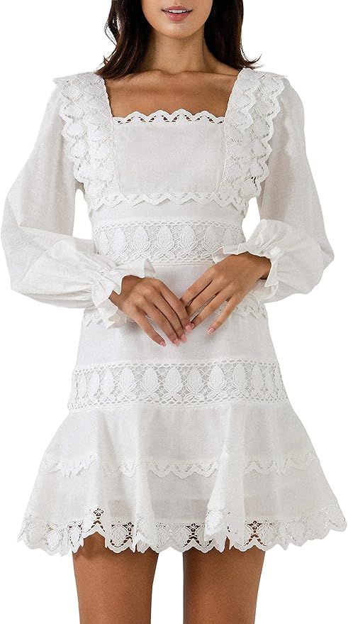 endless rose Women's Square Neckline Lace Trim Dress White | Amazon (US)