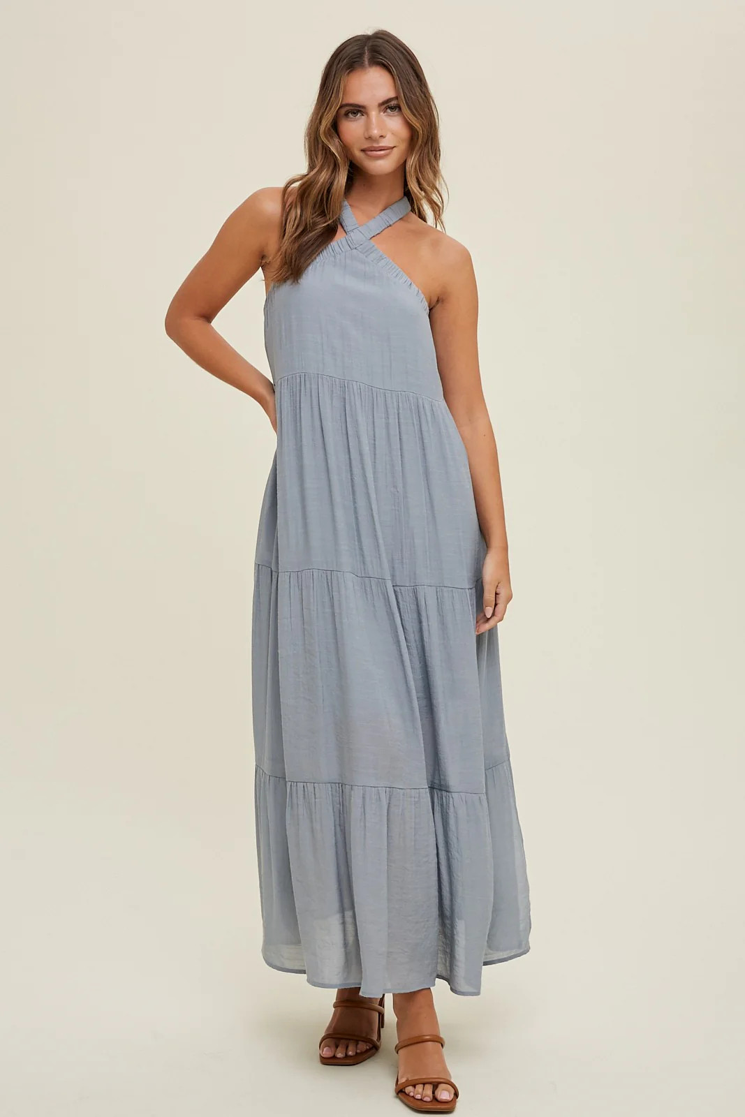 Light Blue Halter Tiered Maxi Dress | PinkBlush Maternity