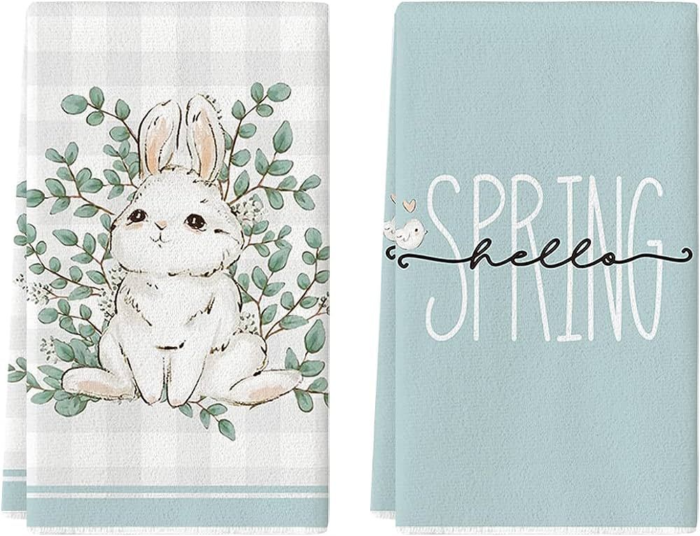 Artoid Mode Buffalo Plaid Rabbit Bunny Eucalyptus Leaves Easter Kitchen Towels Dish Towels, 18x26... | Amazon (US)