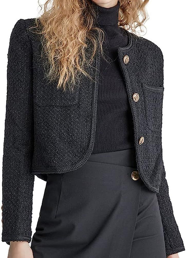 URBAN REVIVO Women's Long Sleeve Cropped Tweed Jacket with Pocket Elegant Slim Fit Work Office Bu... | Amazon (US)