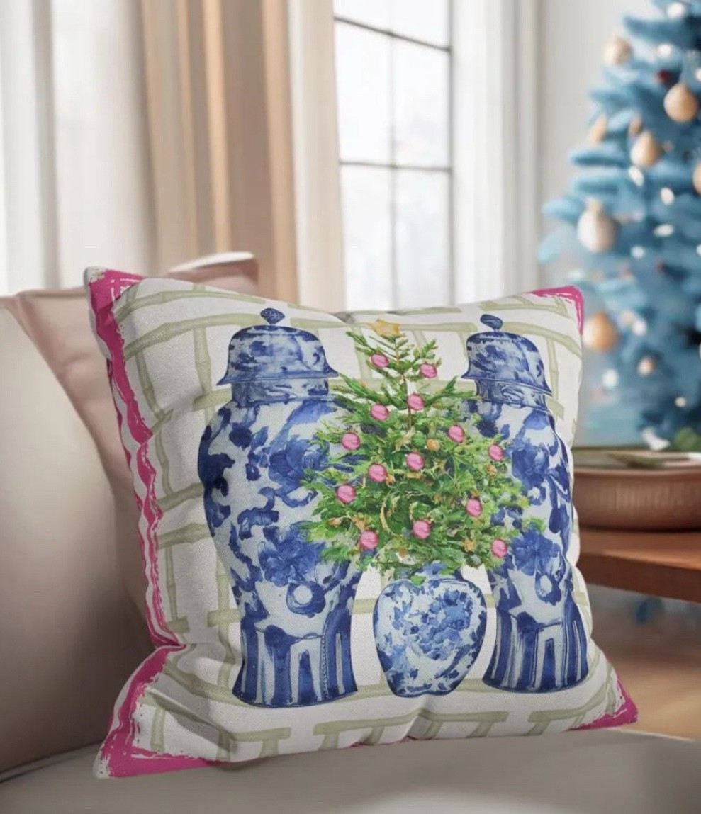 If Chinoiserie Christmas is your love language… this pillow is EVERYTHING 😍💙 The watercolor ginger jars paired with the little decorated Christmas tree is just chef’s kiss — charming, classic, and a little bit whimsical. The bamboo lattice background + pink trim makes it feel custom upholstery level pretty, not big-box seasonal.

Such a beautiful way to blend blue & white decor into the holiday season 🌲 Pair with velvet solids, toile, or crisp white bedding for that preppy “collected holiday home” look.

💙 Watercolor artwork (so soft + painterly)
🌲 Chinoiserie ginger jar moment (obsessed)
🎀 Choice of pillow cover only or full insert
✨ Ships from a small NC shop
🎁 Makes such a cute gift for a blue & white girlie

⸻

chinoiserie christmas • ginger jar holiday decor • grandmillennial christmas aesthetic • blue and white christmas • preppy holiday home • watercolor christmas pillow • southern holiday decorating • bamboo lattice pattern • etsy holiday finds • cozy elegant christmas decor 💙🎄

#LTKHome #LTKGiftGuide #LTKHoliday