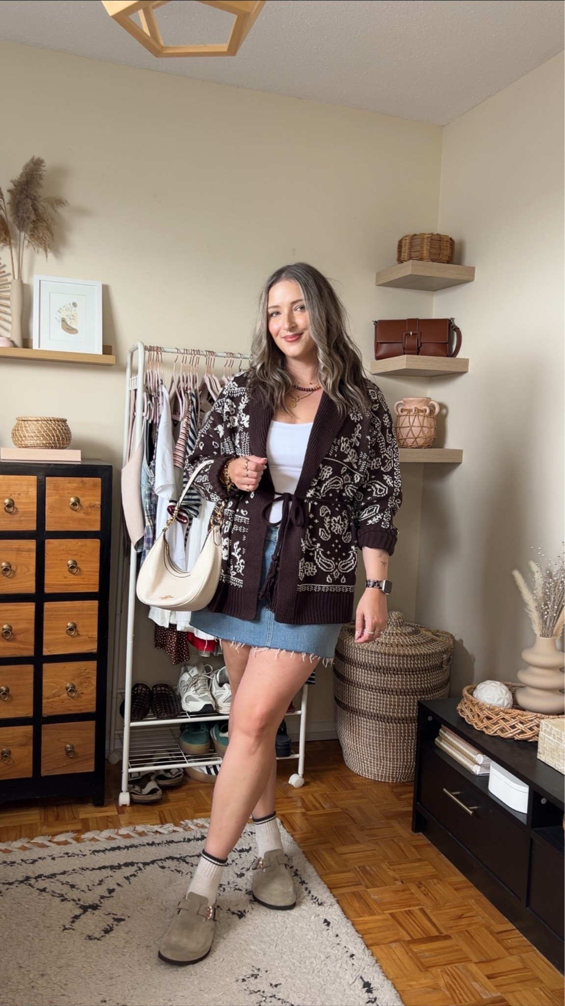 Fall outfit from Abercrombie on sale! Wearing L in the bandana print cardigan (not itchy at all!). Wearing M in the bra free tank top. I bought this denim skirt last year in a size 32, would do a 31 if I was purchasing now. I wear a 30 in A&F 90s relaxed jeans for reference! I’m a 9.5-10 shoe and wear a 40 in the Birkenstock clogs

#LTKfall #LTKsale #LTKmidsize