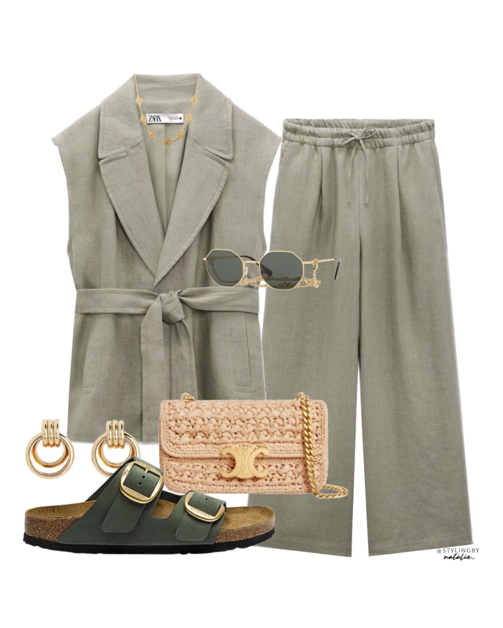 Zara coord set, raffia bag, Birkenstock Arizona big buckle green sandals, Layered gold hoop earrings sunglasses on gold chain & gold clover necklace.

#LTKunder100 #LTKeurope #LTKstyletip
