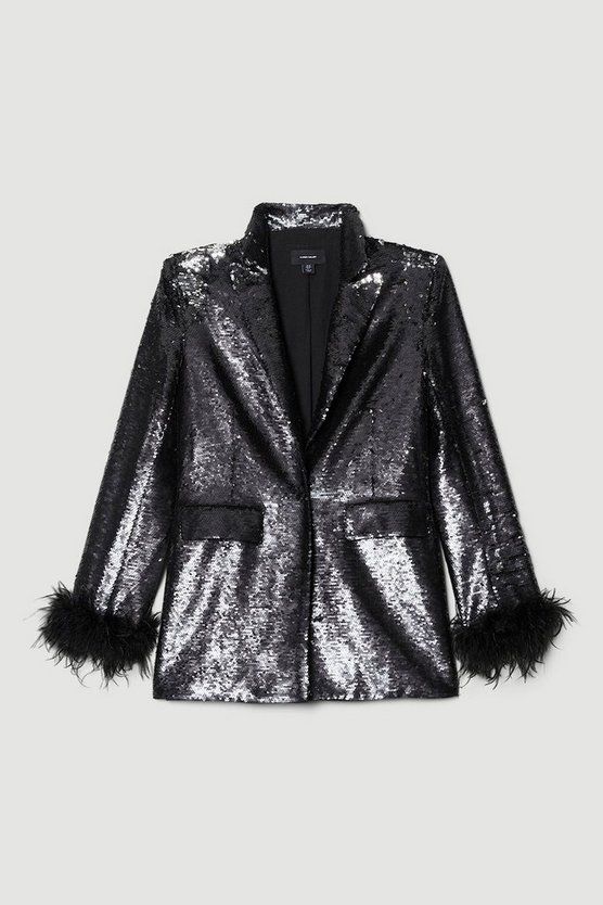Feather & Sequin Tailored Single Breasted Jacket | Karen Millen US