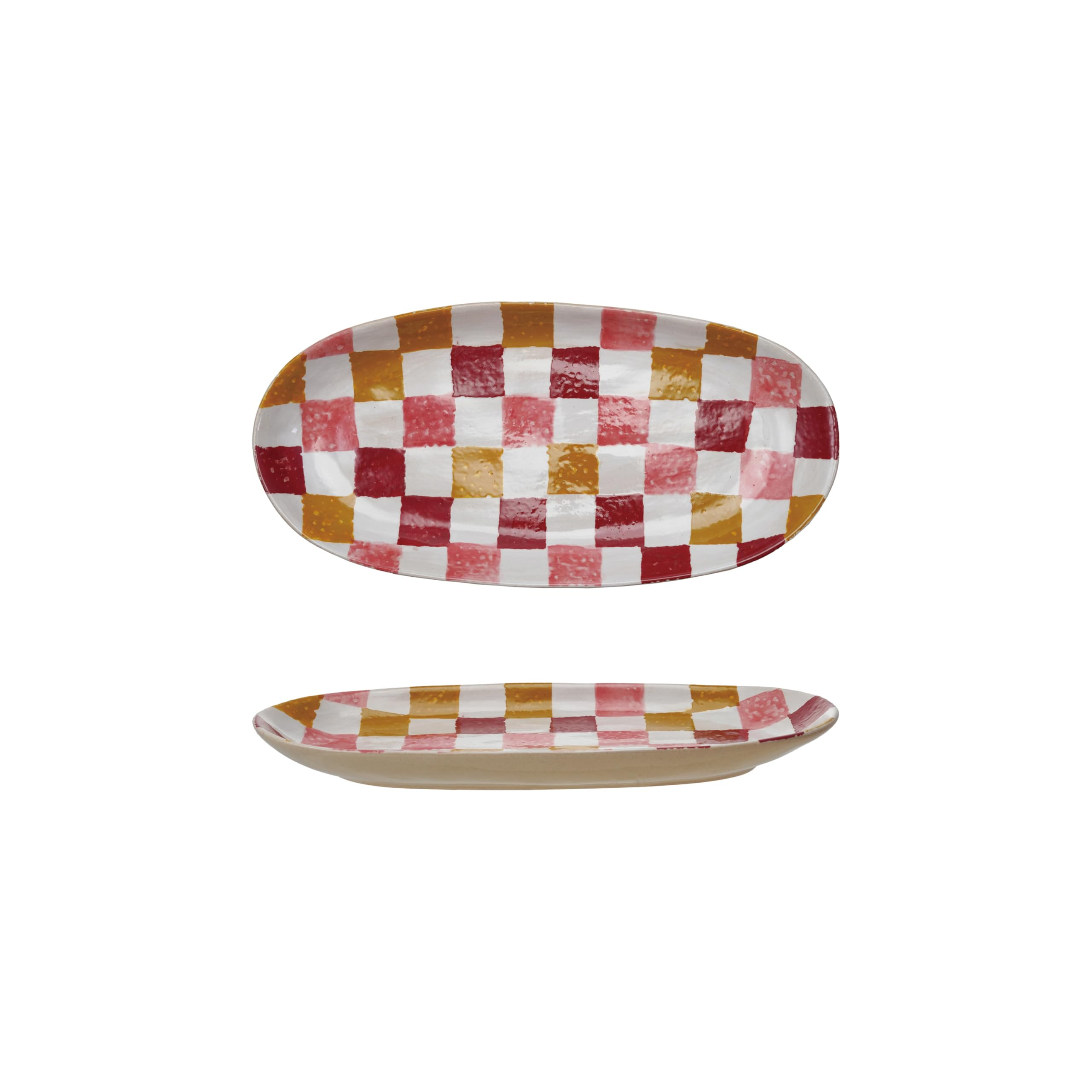 Creative Co-Op Oval Hand-Painted Stoneware Platter with Check Pattern, Multicolor | Amazon (US)