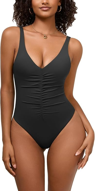One Piece Swimsuit for Women Sexy V Neck Ruched Tummy Control Slimming Swimwear Cheeky High Cut B... | Amazon (US)