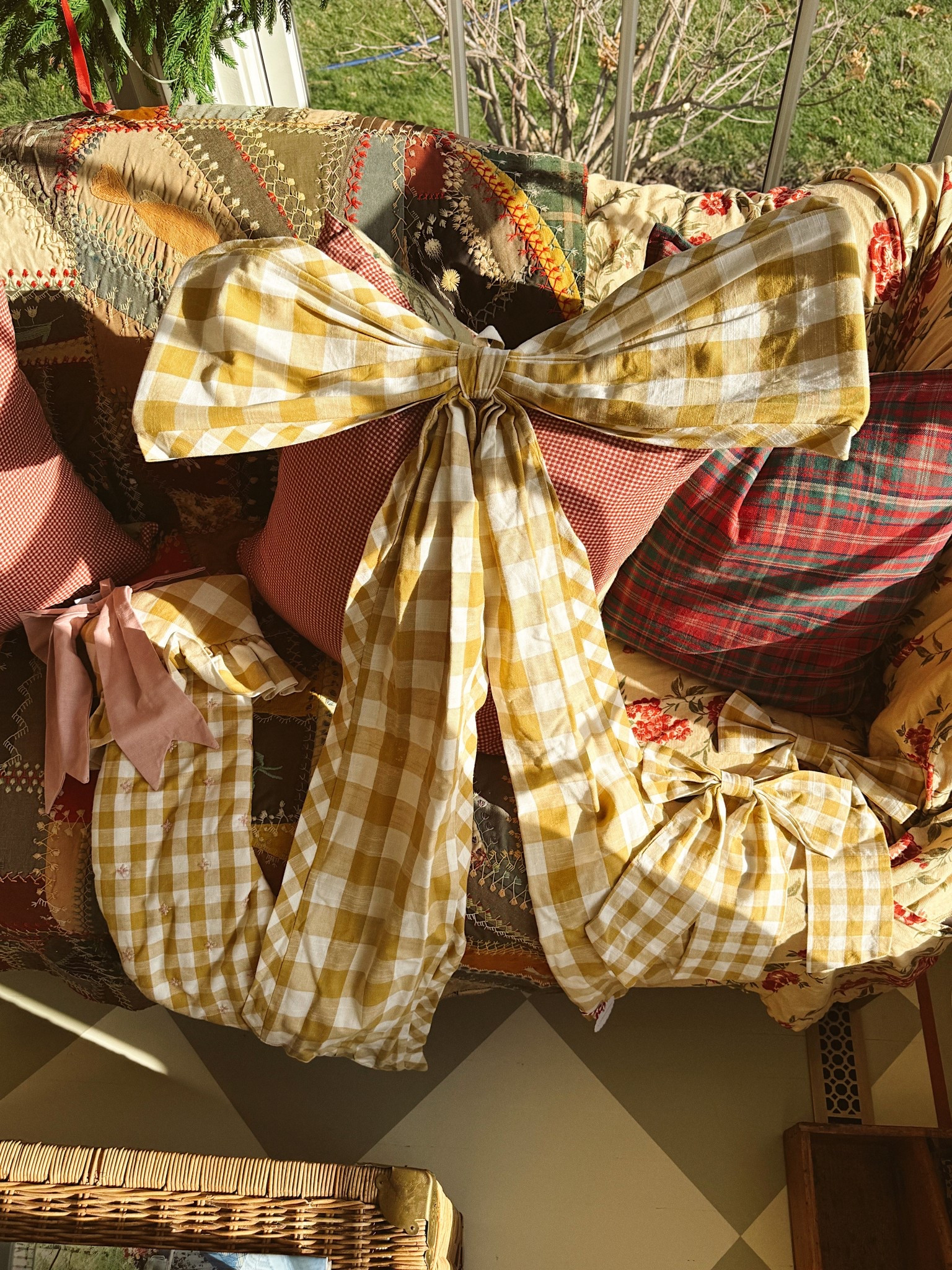 Cozy cottage gingham Christmas bows and stockings. So classic cottage! Use code LizMarie30 for 30% off at Anthro now! 