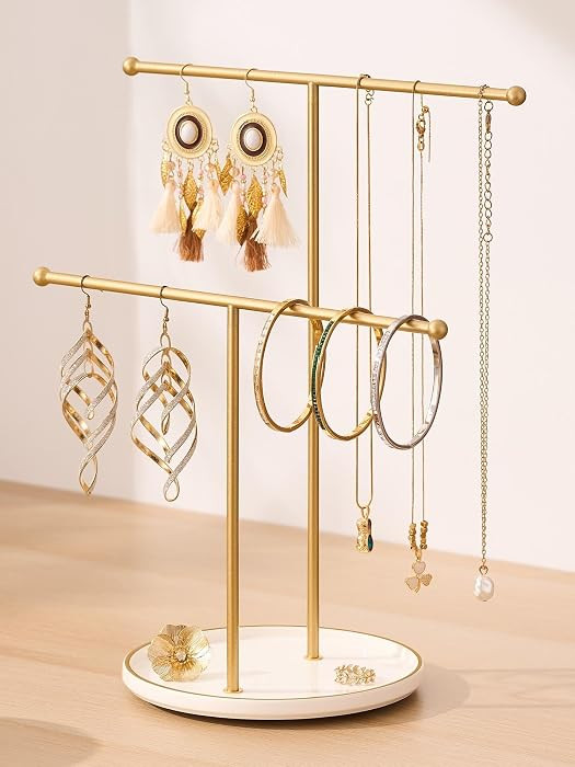 Gold Jewelry Holder Stand with Ceramic Tray: Small Hanging Necklace Organizer Tree for Earrings, ... | Amazon (US)