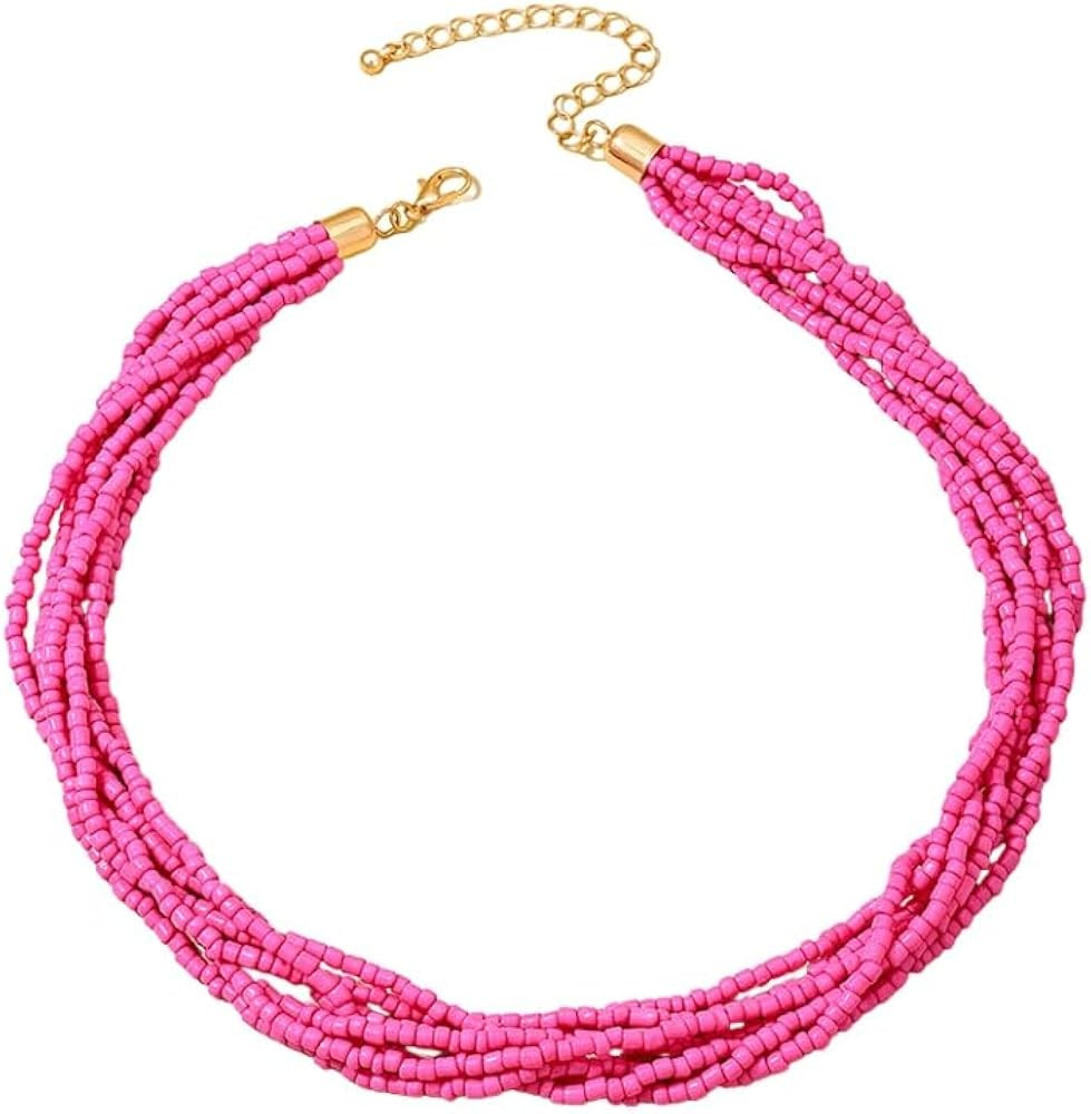 Colorful Multi-layered Seed Beaded Necklace Choker For Women Bohemian Handmade Crystal Stone Gems... | Amazon (US)