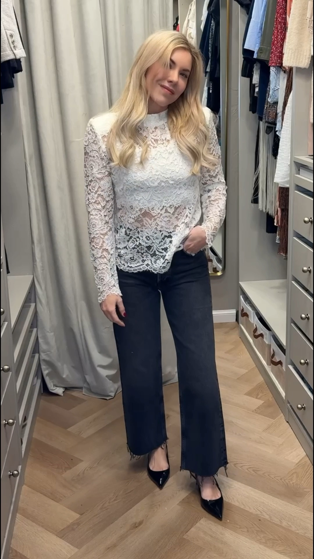 Lace top
Black jeans 
Wide leg cropped jeans 
Kitten heel 
Spring Outfit 

#LTKSeasonal #LTKgrwm #LTKootd