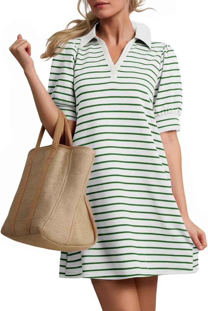 ZESICA Womens Summer Striped T Shirt Mini Dresses 2026 Casual Lapel V Neck Short Sleeve Flowy A L... | Amazon (US)