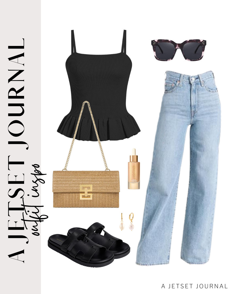 Levi's light-wash jeans pair perfectly with this peplum tank top from CIDER. You can step into Project Cloud’s leather sandals and add this straw clutch purse and FEISEDY butterfly sunglasses as your accessories. This Kopari sunscreen has been a favorite of many people lately and looks perfect for this look, too.

#LTKSeasonal #LTKSaleAlert #LTKTravel
 

 