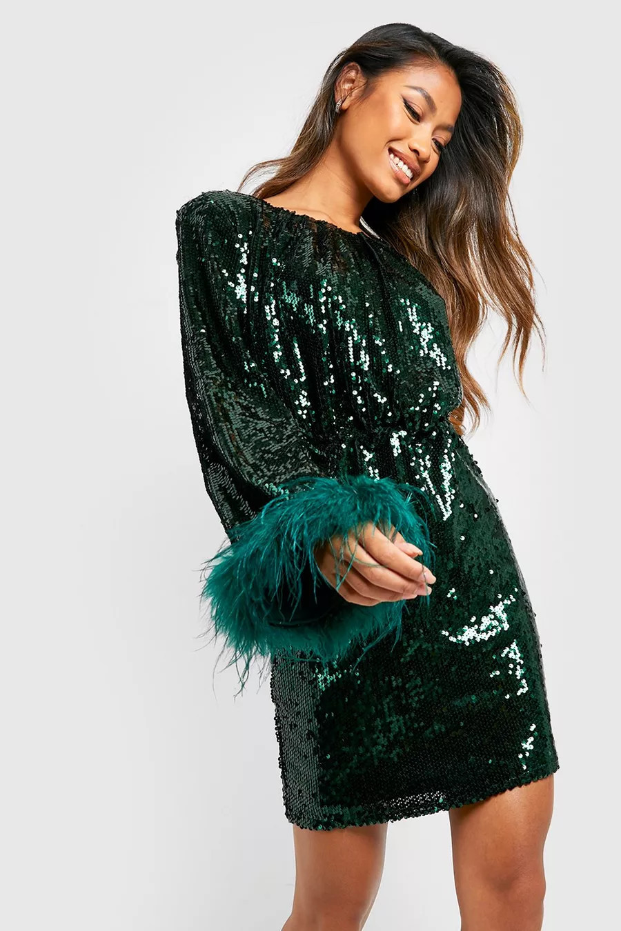 Sequin Feather Cuff Shift Party Dress | boohoo (US & Canada)