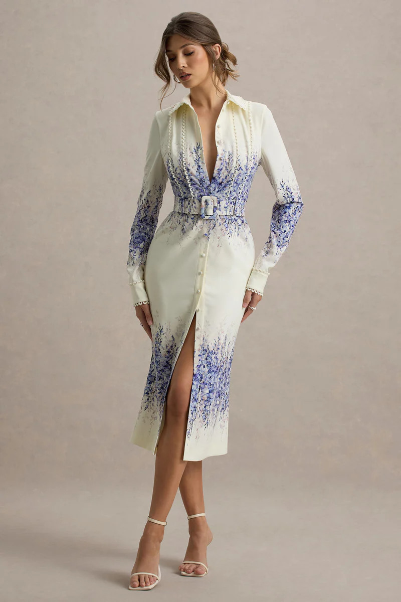 Zephy  Purple Floral Print Belted Shirt Midi Dress | Club L London