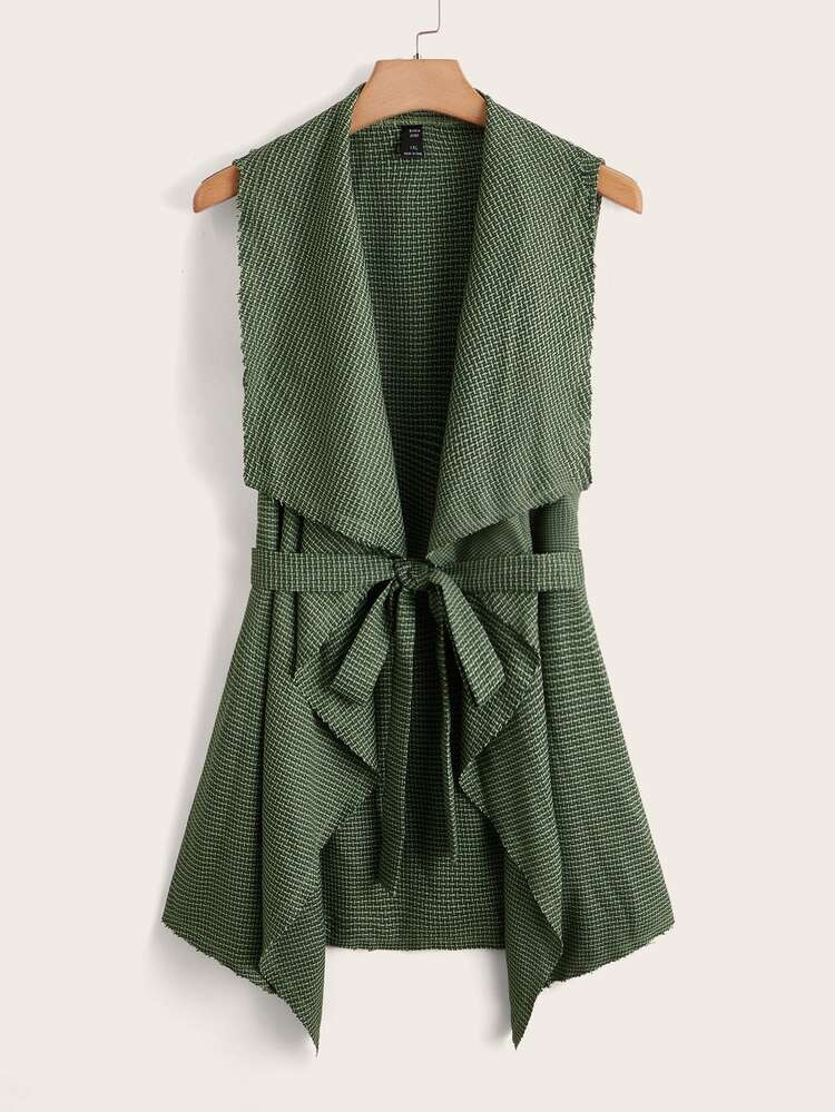 SHEIN Plus Plaid Waterfall Collar Hanky Hem Belted Vest Coat | SHEIN