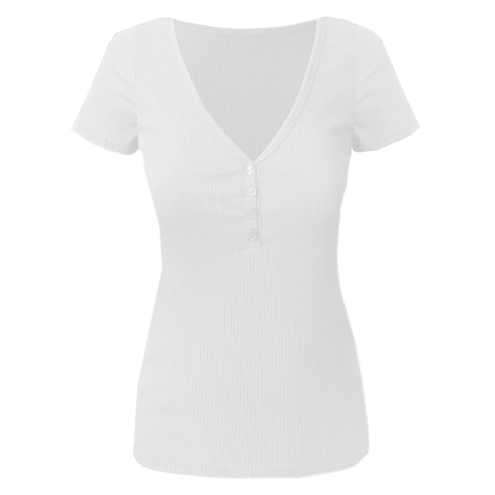 Doublju - Doublju Women's V-Neck Henley Ribbed Short Sleeve Top - Walmart.com | Walmart (US)