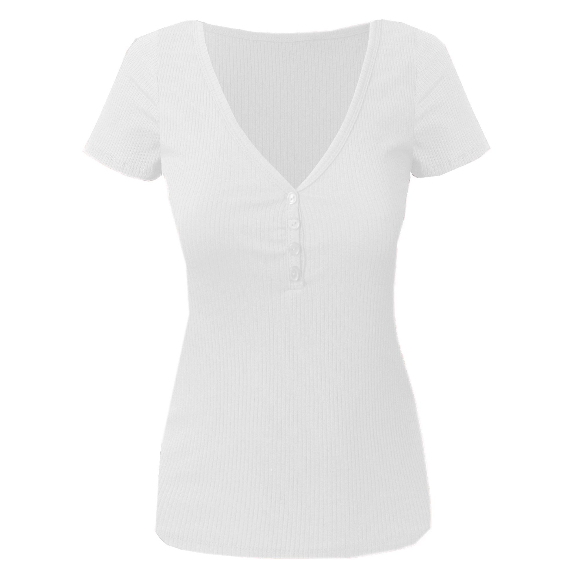 Doublju - Doublju Women's V-Neck Henley Ribbed Short Sleeve Top - Walmart.com | Walmart (US)