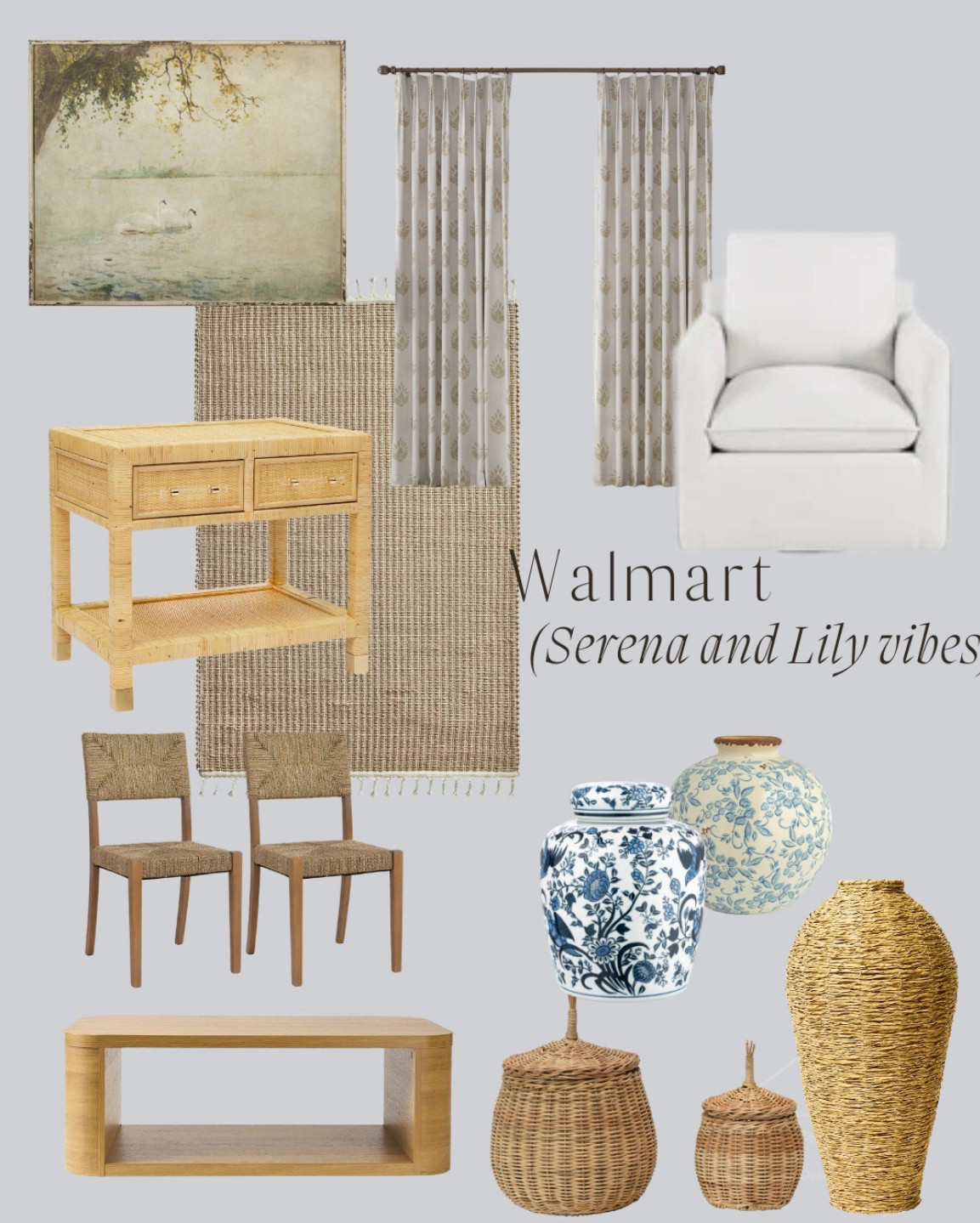 Walmart Serena and Lily vibes, serena and lily dupes, mcgee and co dupes, blue and white decor, art, living room, rattan furniture, rattan vases, rattan chairs, linen drapes 

 

#LTKSeasonal #LTKFindsUnder100 #LTKHome