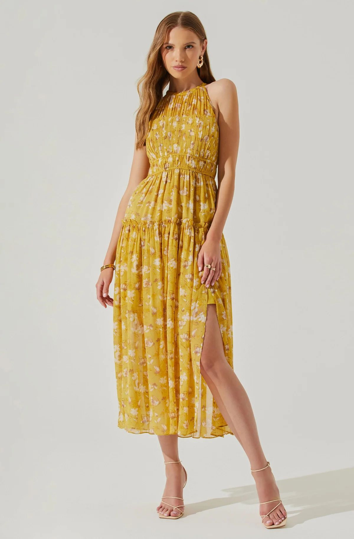 Maryam Floral Tie Neck Tiered Midi Dress | ASTR The Label (US)