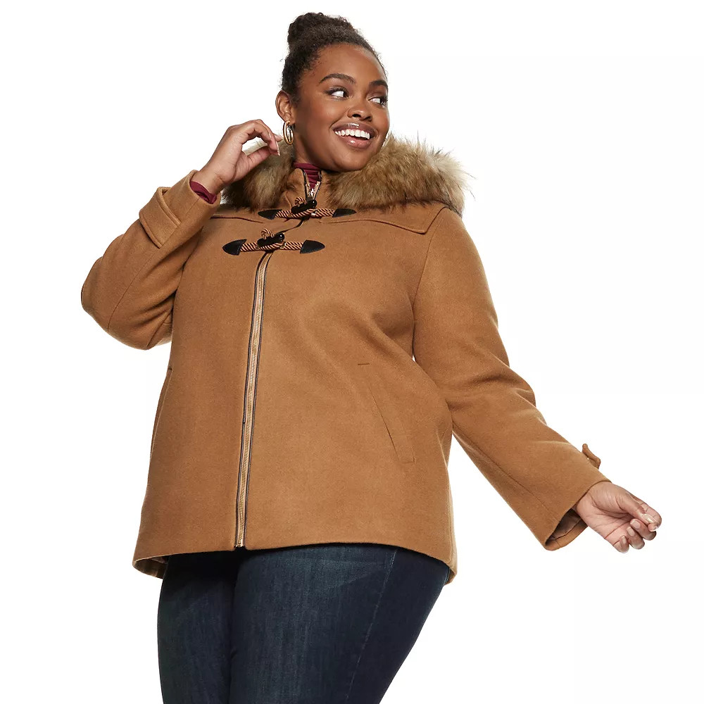 Plus Size Nine West Hooded Faux-Fur Trim Toggle Coat | Kohl's