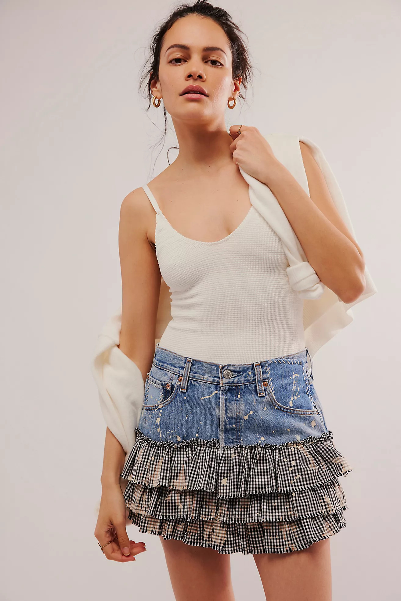 Tricia Fix Denim Ruffle Gingham Mini | Free People (Global - UK&FR Excluded)