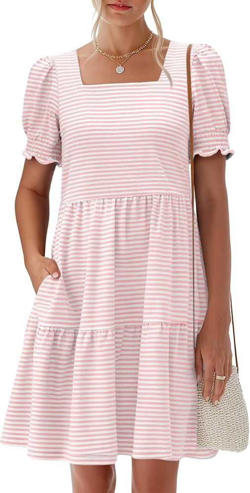 ANRABESS Women Summer Square Neck Puff Short Sleeve Mini Dress 2026 Casual Flowy Sundress Beach V... | Amazon (US)