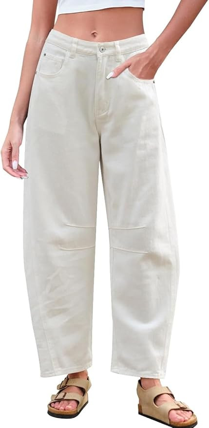 Women's Baggy Boyfriend Jeans Mid Rise Barrel Jeans Wide Leg Loose Y2k Cropped Denim Pants with P... | Amazon (US)