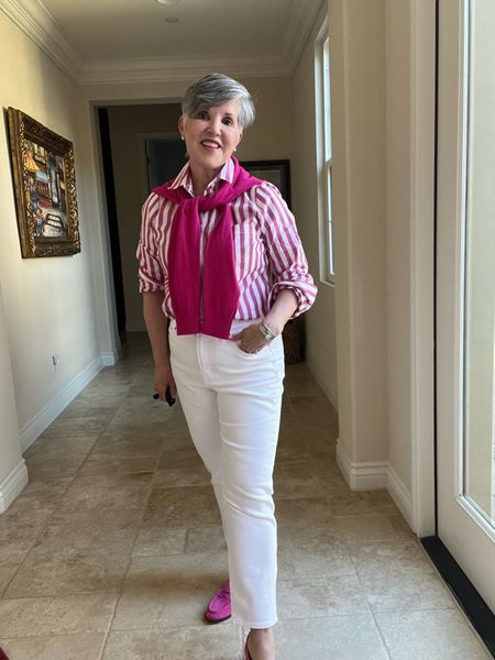 Here’s a casual work look that’s crisp and classic. Take a pink striped @jcrewfactory shirt and add white jeans. Then bookend your look with a pink cardigan on your neck and pink loafers. Hello, spring 💐!
#ltkunder50 #ltkover50
#ltkover40
#ltkspringlooks
#ltkspringoutfits
#ltkitbag
#ltkshoecrush #styleagram 
#stylebook
#stylebible
#stylefashion
#outfitshot
#styleaddict
#jcrewfactory 
#nordstrom
#coachoutlet 
#talbotsofficial 
#getreadywithme 
#styletips
#grwm
#styleblogger
#springfashion
#springstyles

#LTKshoecrush #LTKsalealert #LTKworkwear